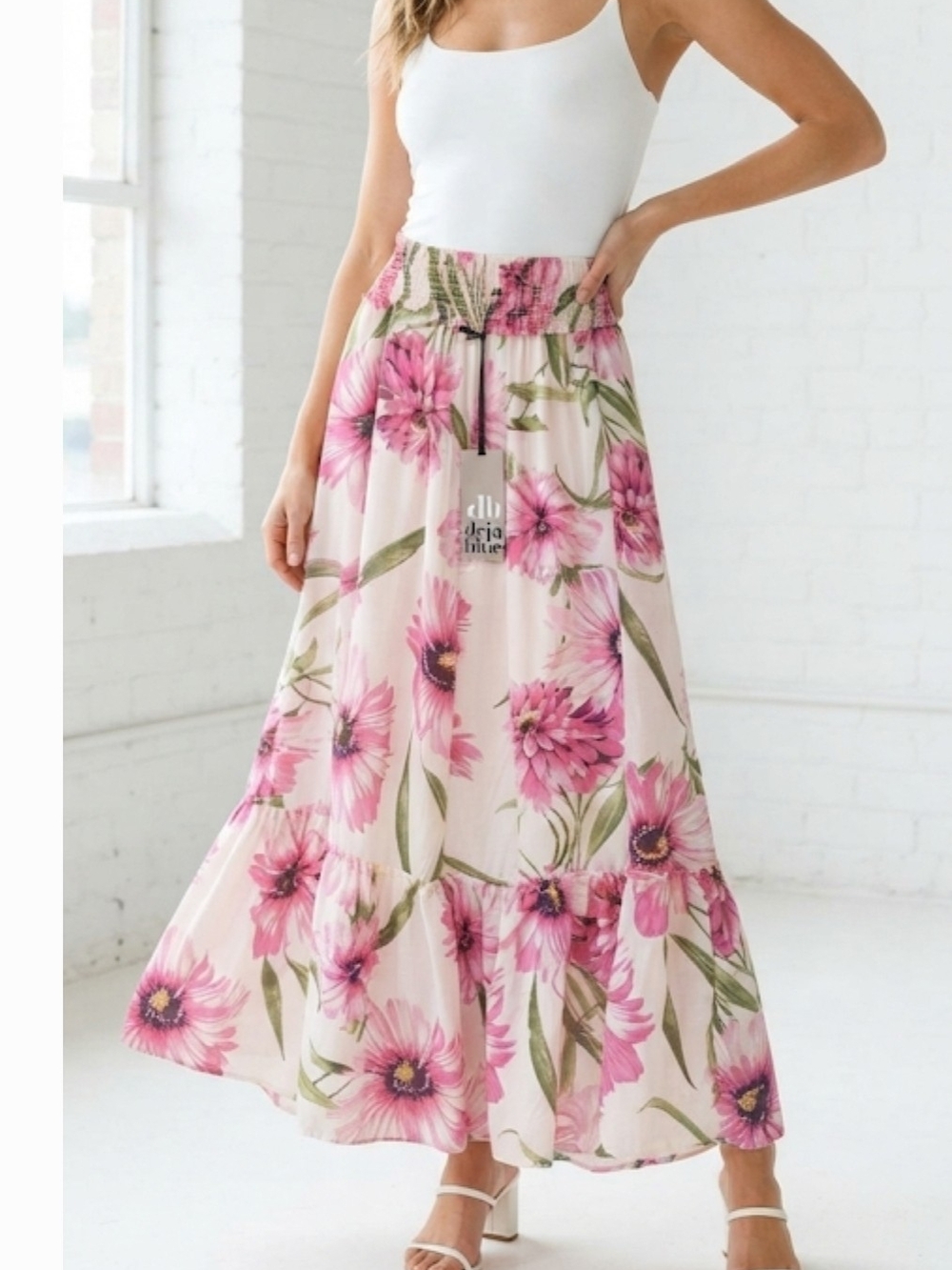 Smocked Waist Pink Floral Maxi Skirt